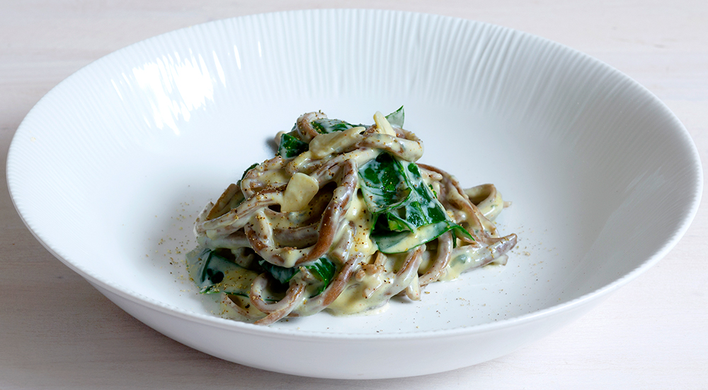 Recipe: Bucatini Pasta with Stilton, Spring Greens and Garlic