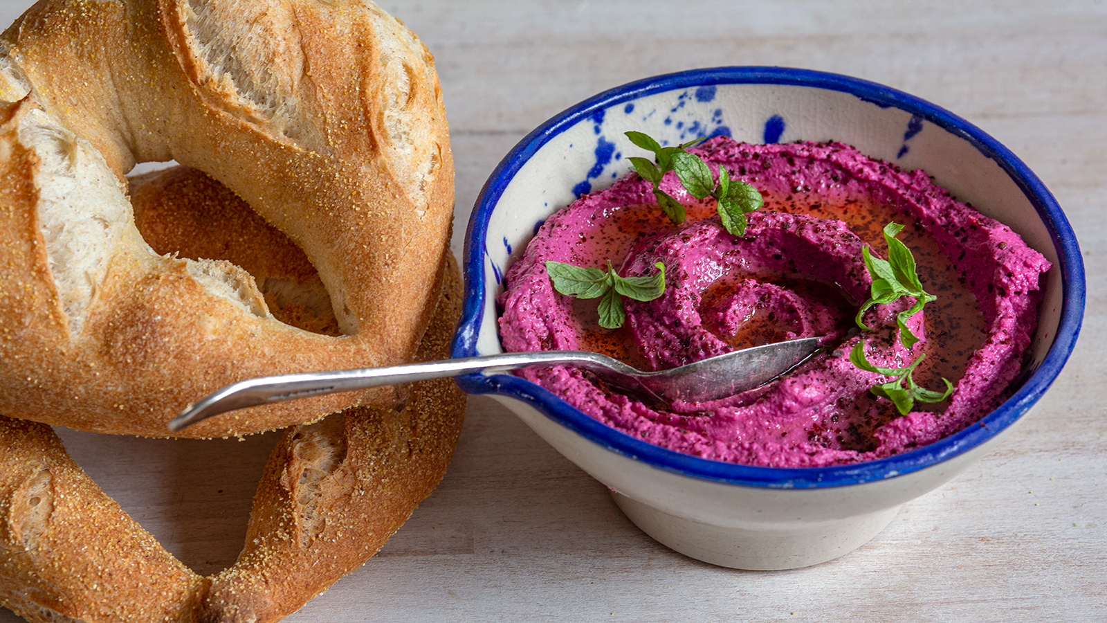 Blue pea and beetroot puree